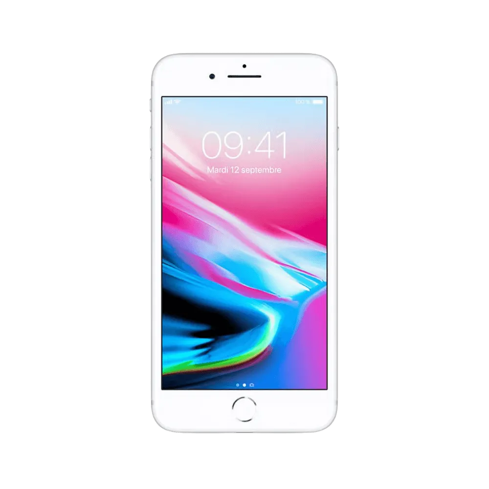 Écran allumé d’un iPhone 8 Plus blanc. Remplacement d’écran rapide et garanti à Lyon chez iTelier. Diagnostic offert en boutique.