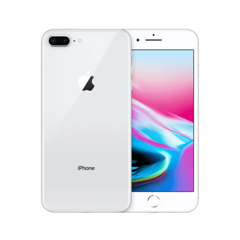 iPhone 8 Plus blanc vu de face et de dos. Réparation complète chez iTelier Lyon : écran cassé, vitre arrière, batterie ou caméra.