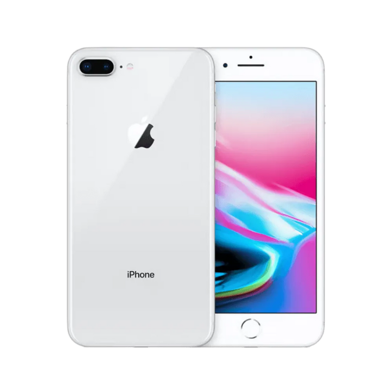 iPhone 8 Plus blanc vu de face et de dos. Réparation complète chez iTelier Lyon : écran cassé, vitre arrière, batterie ou caméra.