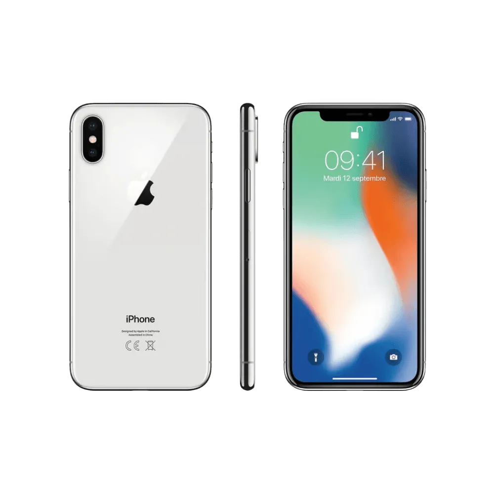 Vue arrière iPhone X avec double capteur et dos en verre. Réparation iTelier à Lyon : vitre cassée, lentille caméra, flash ou batterie.