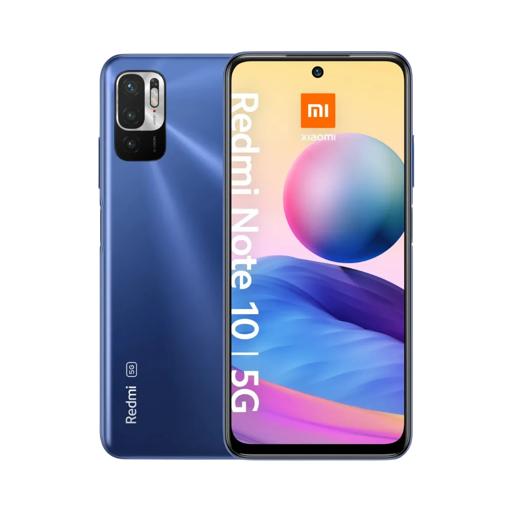 Redmi Note 10 5G bleu en vue avant et arrière — réparation écran, vitre arrière et batterie par iTelier Lyon, diagnostic gratuit, pièces d’origine garanties 1 an, service express et envoi national.