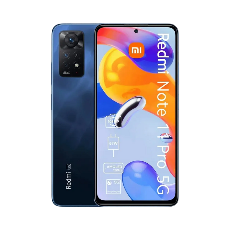 Redmi Note 11 Pro 5G en vue avant et arrière bleu nuit — réparation écran AMOLED, vitre tactile fissurée, remplacement batterie haute capacité par iTelier Lyon, diagnostic gratuit, garantie 12 mois, service express en boutique Lyon 6 et par correspondance France entière.