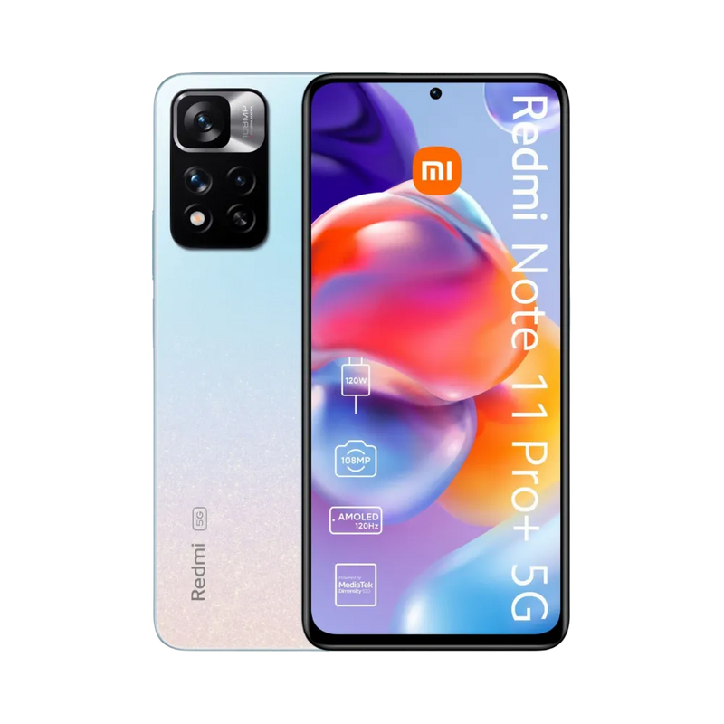 Redmi Note 11 Pro+ 5G en vue avant et arrière dégradé bleu — réparation écran AMOLED, vitre cassée, remplacement batterie et connecteur de charge par iTelier Lyon, diagnostic gratuit, garantie 12 mois, service en boutique Lyon 6 et par correspondance France entière.