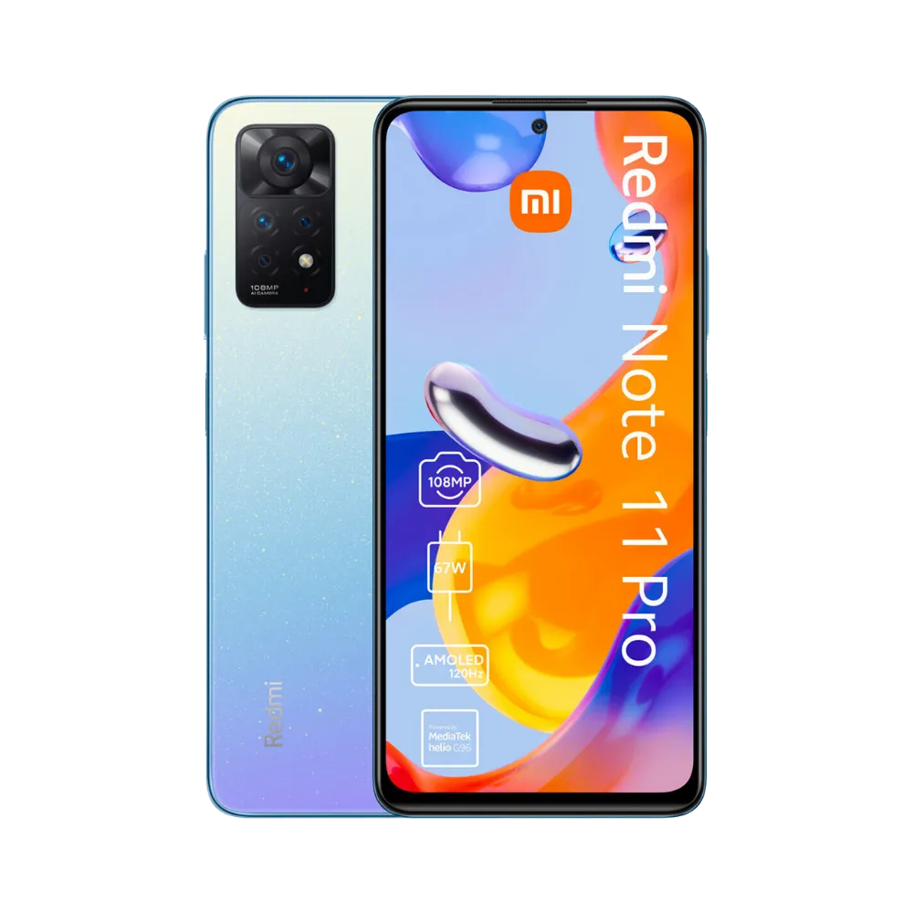 Redmi Note 11 Pro en vue avant et arrière dégradé bleu-violet — réparation écran AMOLED, vitre tactile cassée, remplacement batterie haute capacité par iTelier Lyon, diagnostic gratuit, service express garanti 12 mois en boutique et par correspondance nationale.