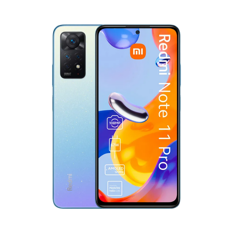 Redmi Note 11 Pro en vue avant et arrière dégradé bleu-violet — réparation écran AMOLED, vitre tactile cassée, remplacement batterie haute capacité par iTelier Lyon, diagnostic gratuit, service express garanti 12 mois en boutique et par correspondance nationale.