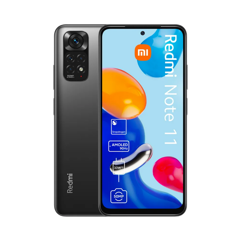 Redmi Note 11 noir en vue avant et arrière — réparation écran AMOLED fissuré, remplacement vitre tactile, changement batterie usée par iTelier Lyon. Diagnostic gratuit, réparation locale en boutique Lyon 6 et service par correspondance sécurisé en France.