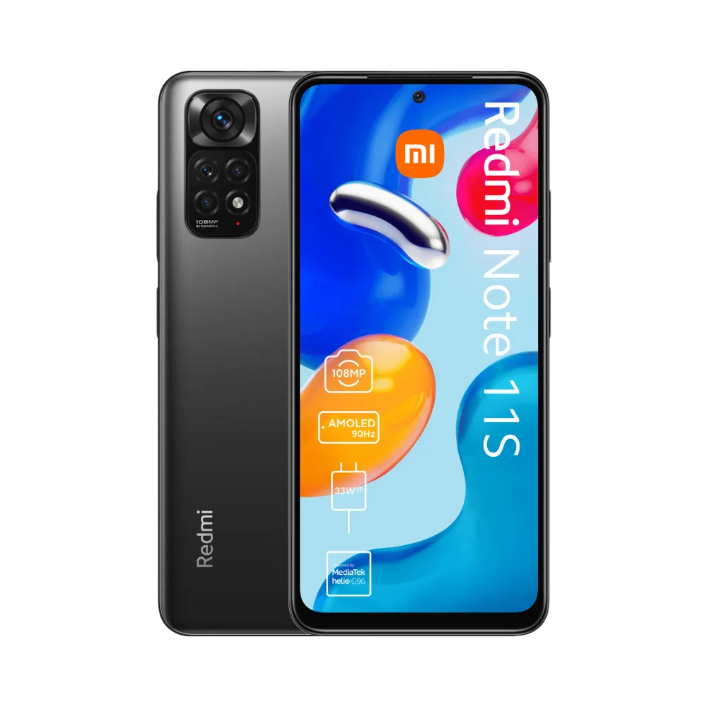 Redmi Note 11S 5G en vue avant et arrière noir — réparation écran AMOLED fissuré, remplacement vitre tactile et batterie défectueuse par iTelier Lyon, service rapide, diagnostic gratuit et garantie 12 mois en boutique et par correspondance.