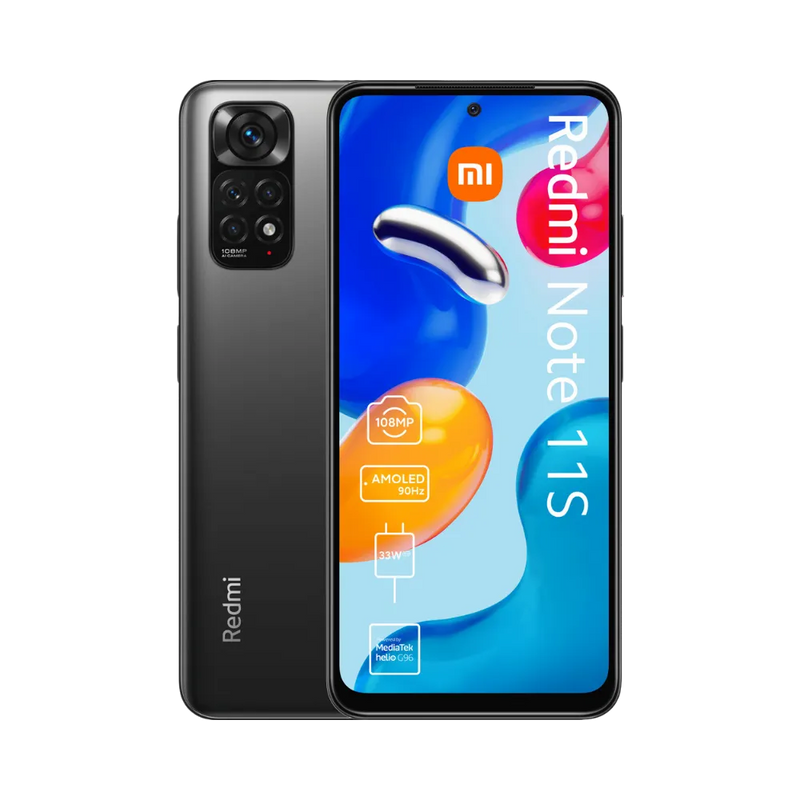 Redmi Note 11S 5G en vue avant et arrière noir — réparation écran AMOLED fissuré, remplacement vitre tactile et batterie défectueuse par iTelier Lyon, service rapide, diagnostic gratuit et garantie 12 mois en boutique et par correspondance.