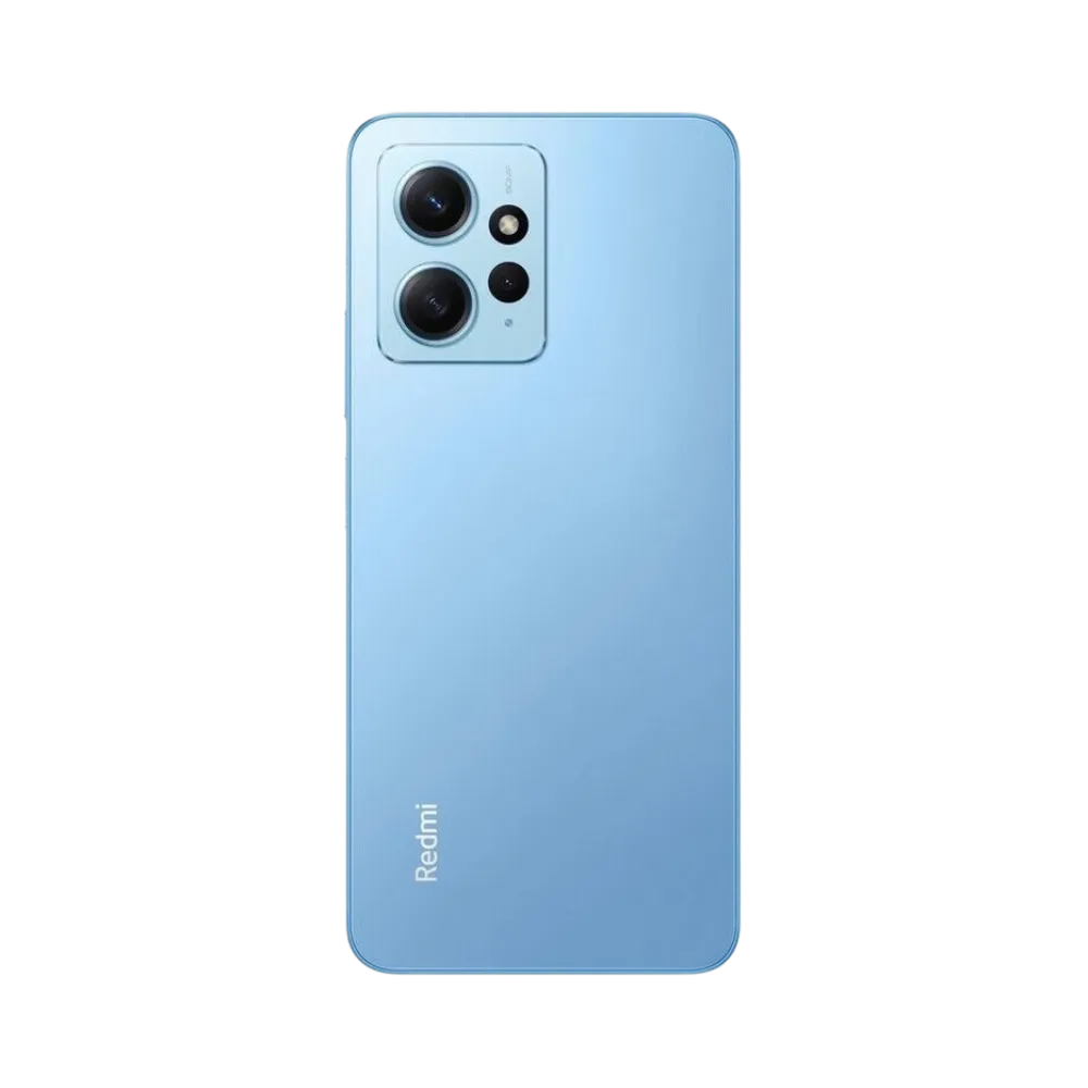 Dos du Redmi Note 12 4G bleu avec triple capteur photo — réparation lentille caméra, changement vitre arrière fissurée et remplacement batterie par iTelier Lyon, réparation express, pièces d’origine garanties 12 mois.