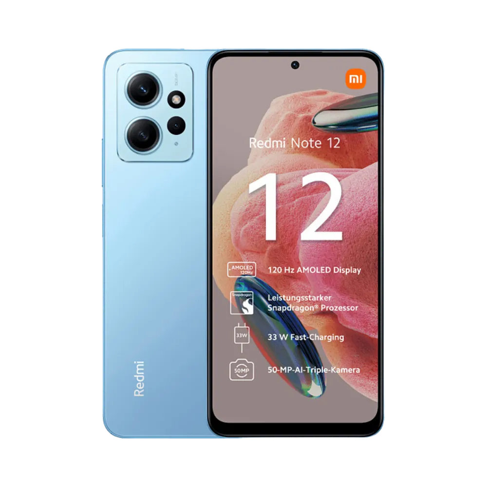 Redmi Note 12 4G bleu en vue avant et arrière — réparation écran AMOLED, vitre cassée, changement batterie et connecteur de charge par iTelier Lyon, diagnostic gratuit, réparation rapide garantie 12 mois, en boutique Lyon 6 ou par correspondance France entière.