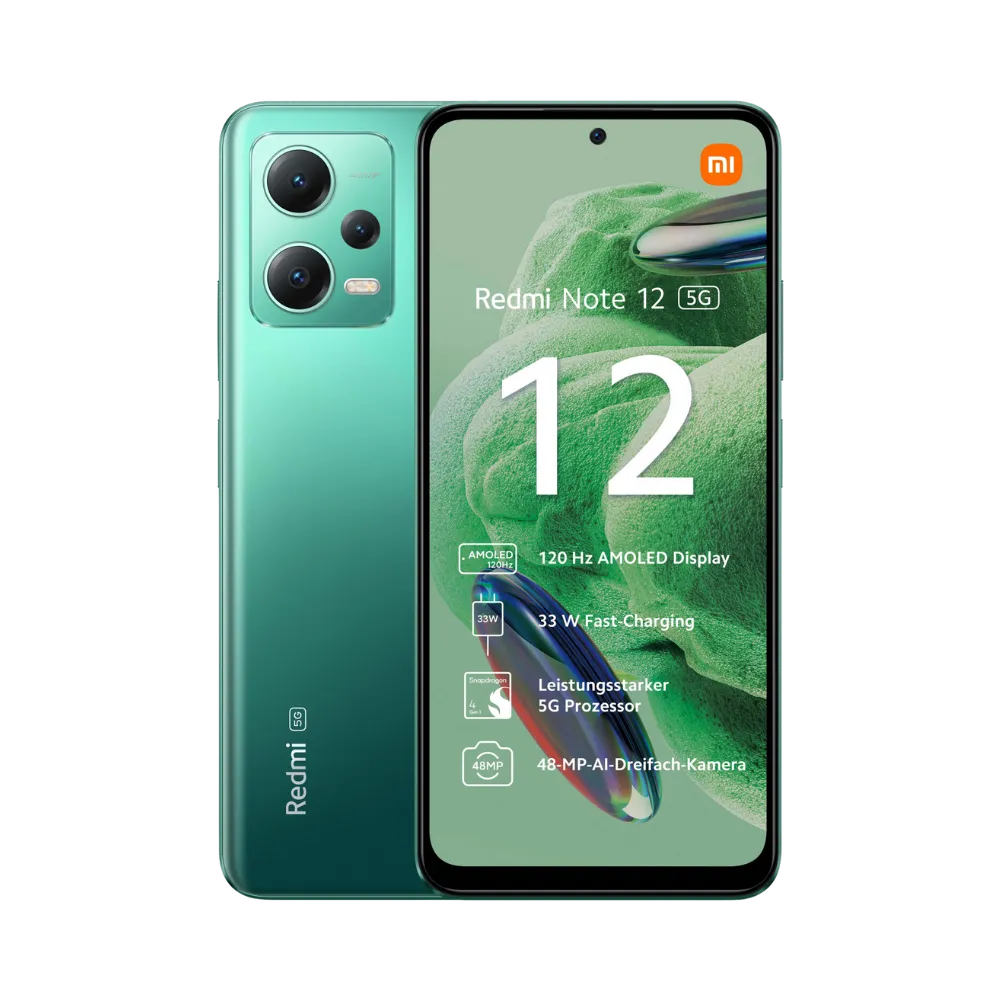 Redmi Note 12 5G vert en vue avant et arrière — réparation écran AMOLED, vitre cassée, remplacement batterie et connecteur de charge par iTelier Lyon, diagnostic gratuit, pièces garanties 12 mois, réparation rapide en boutique ou par correspondance France entière.