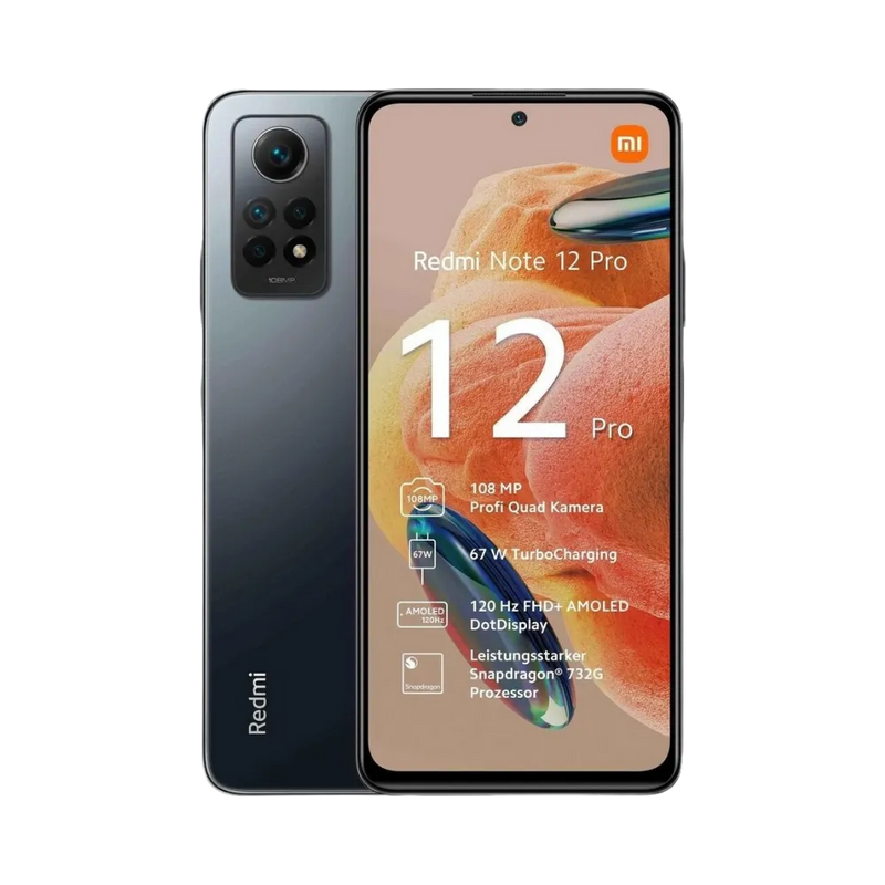 Redmi Note 12 Pro 4G noir en vue avant et arrière — réparation écran AMOLED, remplacement vitre cassée et changement batterie par iTelier Lyon, diagnostic gratuit, pièces garanties 12 mois, réparation rapide en boutique ou envoi postal France entière.