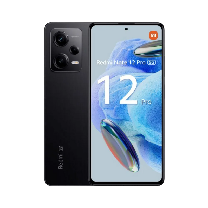 Redmi Note 12 Pro 5G noir en vue avant et arrière — réparation écran AMOLED 120Hz, remplacement vitre cassée et changement batterie par iTelier Lyon, devis gratuit, réparation rapide en boutique Lyon 6 ou par correspondance France entière.