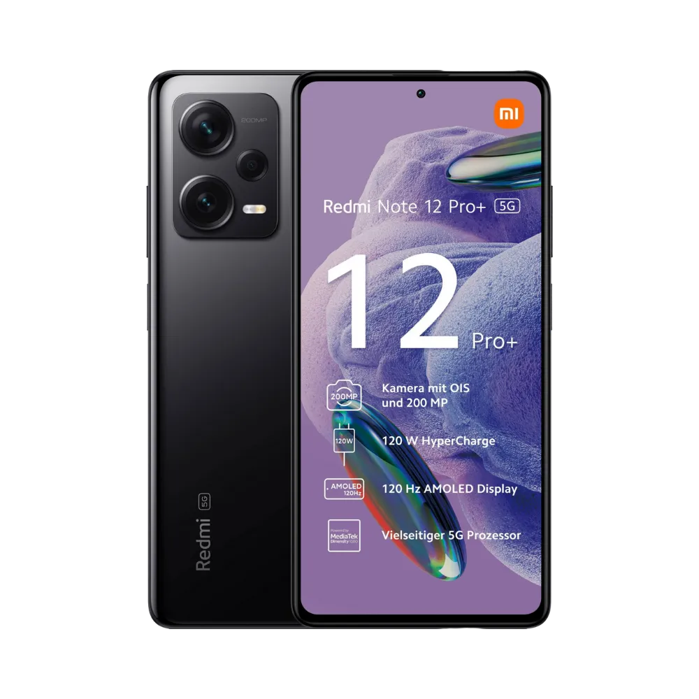 Redmi Note 12 Pro+ 5G noir en vue avant et arrière — réparation écran AMOLED 120Hz, remplacement vitre tactile cassée et changement batterie par iTelier Lyon, devis gratuit, réparation rapide en boutique ou service par correspondance France entière.