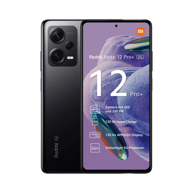 Redmi Note 12 Pro+ 5G noir en vue avant et arrière — réparation écran AMOLED 120Hz, remplacement vitre tactile cassée et changement batterie par iTelier Lyon, devis gratuit, réparation rapide en boutique ou service par correspondance France entière.