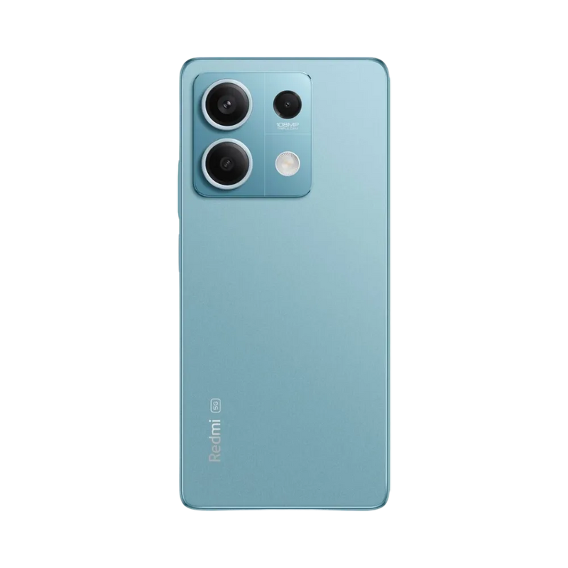 Dos du Redmi Note 13 5G bleu avec double module photo — réparation lentille caméra, remplacement vitre arrière fissurée et changement batterie par iTelier Lyon, techniciens certifiés, service écologique et fiable.