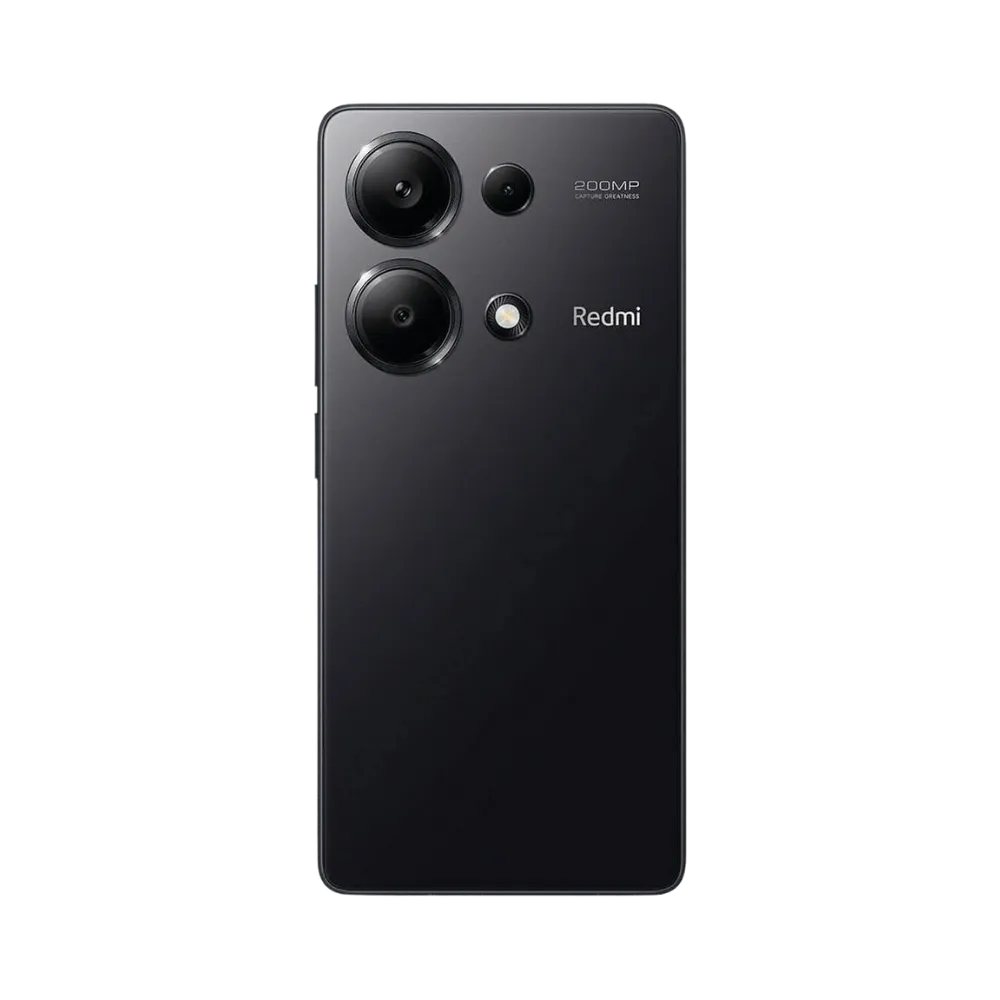 Dos du Redmi Note 13 Pro 4G noir avec triple capteur photo — réparation lentille caméra, remplacement vitre arrière fissurée et maintenance batterie par iTelier Lyon, techniciens certifiés, service écologique et rapide.