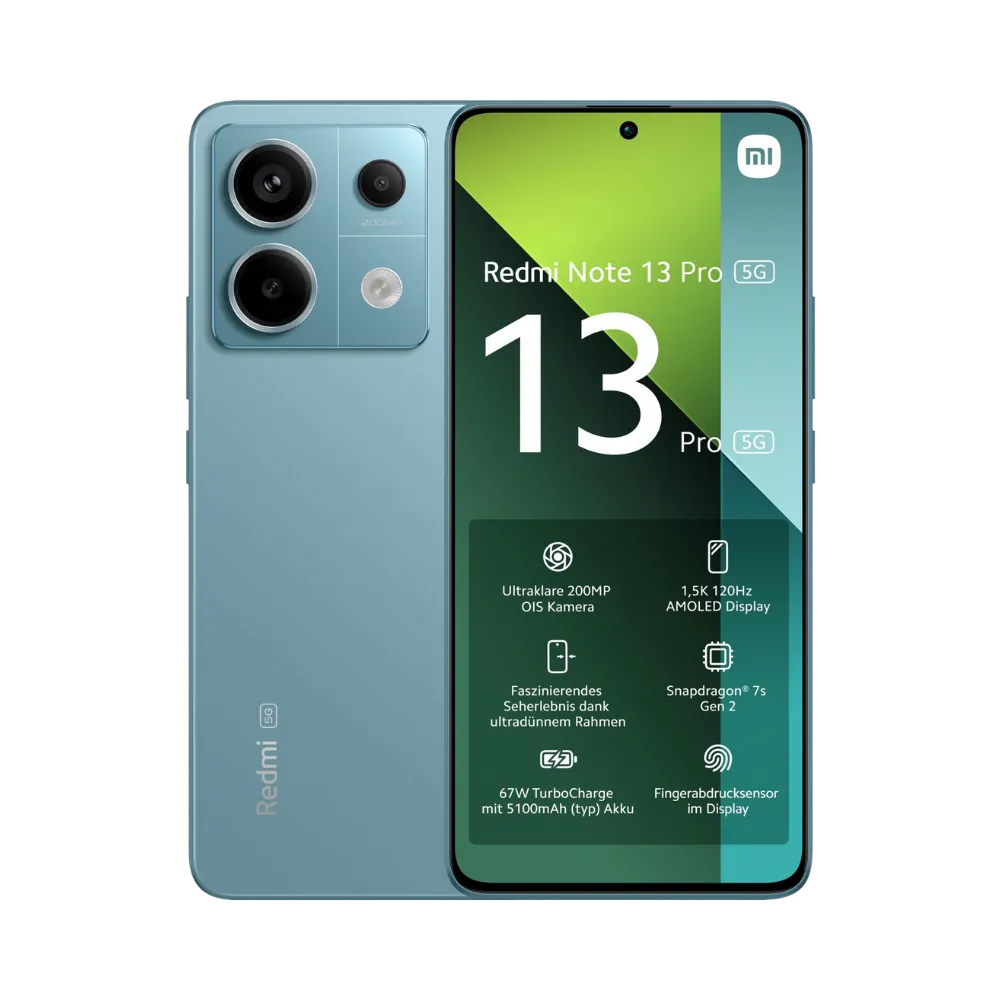 Redmi Note 13 Pro 5G bleu en vue avant et arrière — réparation écran AMOLED 120Hz, remplacement vitre cassée et changement batterie par iTelier Lyon, devis gratuit, réparation rapide en boutique ou par envoi postal France.