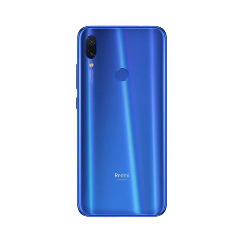 Dos du Redmi Note 7 bleu avec bloc photo vertical — réparation appareil photo et vitre arrière chez iTelier Lyon, techniciens experts, diagnostic offert et pièces garanties 1 an.