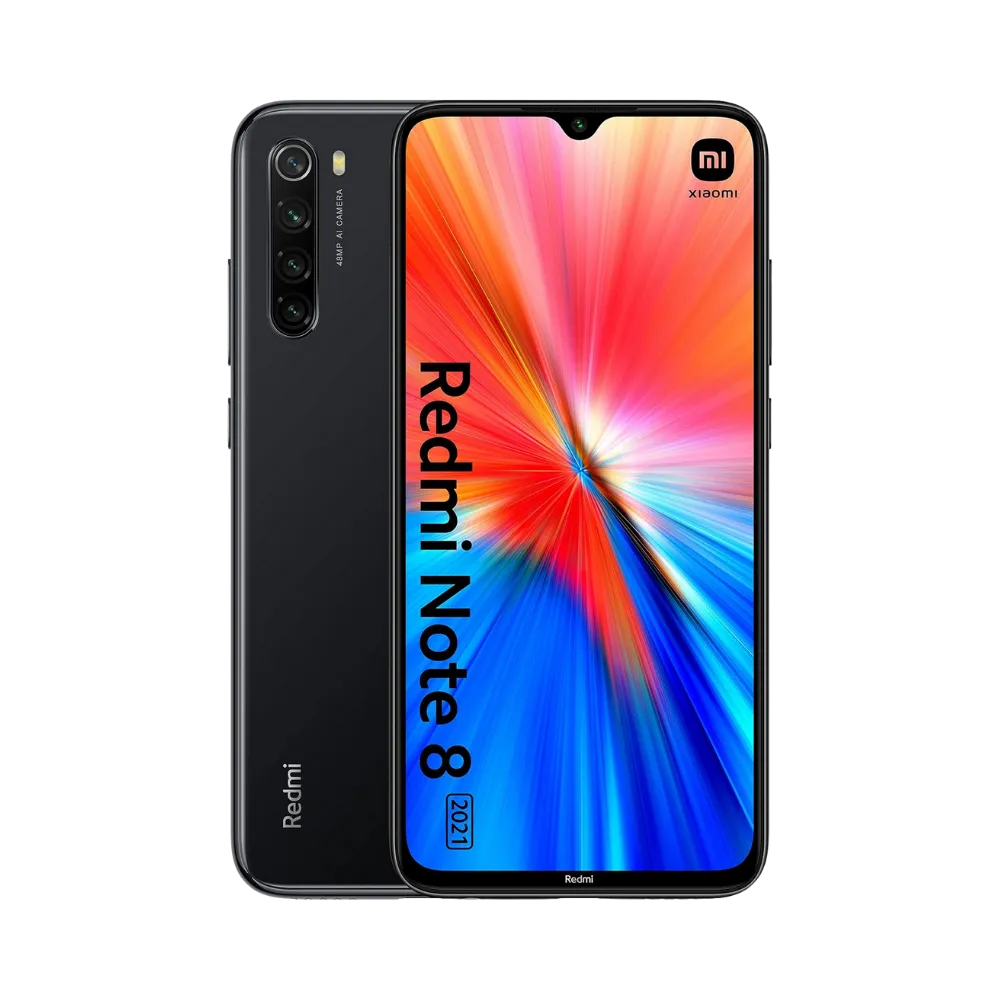 Redmi Note 8 2021 en vue avant et arrière — réparation écran, vitre arrière et batterie par iTelier Lyon, diagnostic gratuit, pièces d’origine garanties 1 an, service express et envoi national.