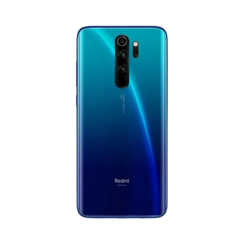 Dos du Redmi Note 8 Pro bleu avec bloc photo vertical centré — réparation appareil photo et vitre arrière chez iTelier Lyon, techniciens experts, diagnostic offert et pièces garanties 1 an.