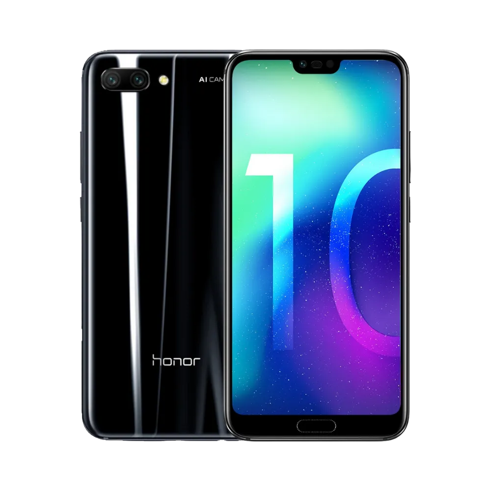 Honor 10 noir affiché de face et de dos côte à côte, écran allumé avec fond dégradé bleu et violet et grand chiffre 10, double caméra arrière horizontale visible, parfait pour réparations écran et vitre arrière chez iTelier Lyon.