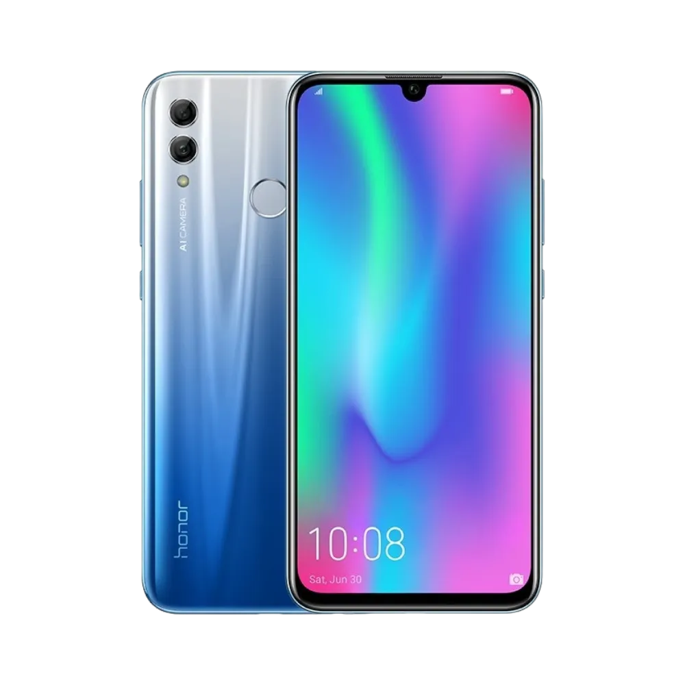 Honor 10 Lite bleu affiché de face et de dos côte à côte, écran allumé avec fond coloré violet et vert, double caméra arrière verticale visible, parfait pour réparations écran et vitre arrière chez iTelier Lyon.