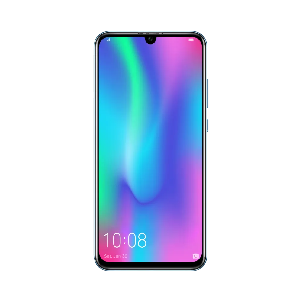 Honor 10 Lite bleu en position verticale, écran lumineux avec fond dégradé violet et vert et encoche en haut, idéal pour illustrer réparation écran original et diagnostic gratuit chez iTelier Lyon.