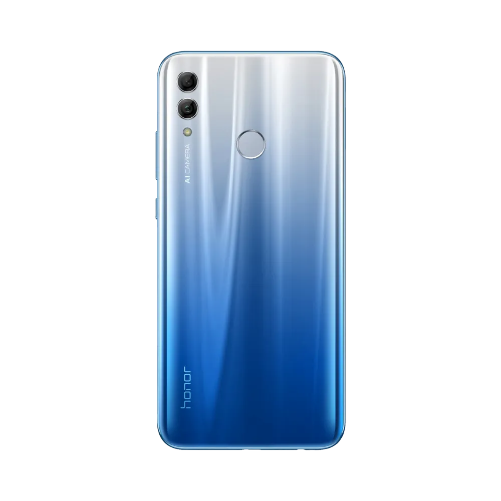 Honor 10 Lite bleu vu de dos en position verticale, finition dégradée bleue et double caméra arrière verticale avec capteur d’empreinte circulaire, image optimisée pour réparations vitre arrière et caméra chez iTelier Lyon.