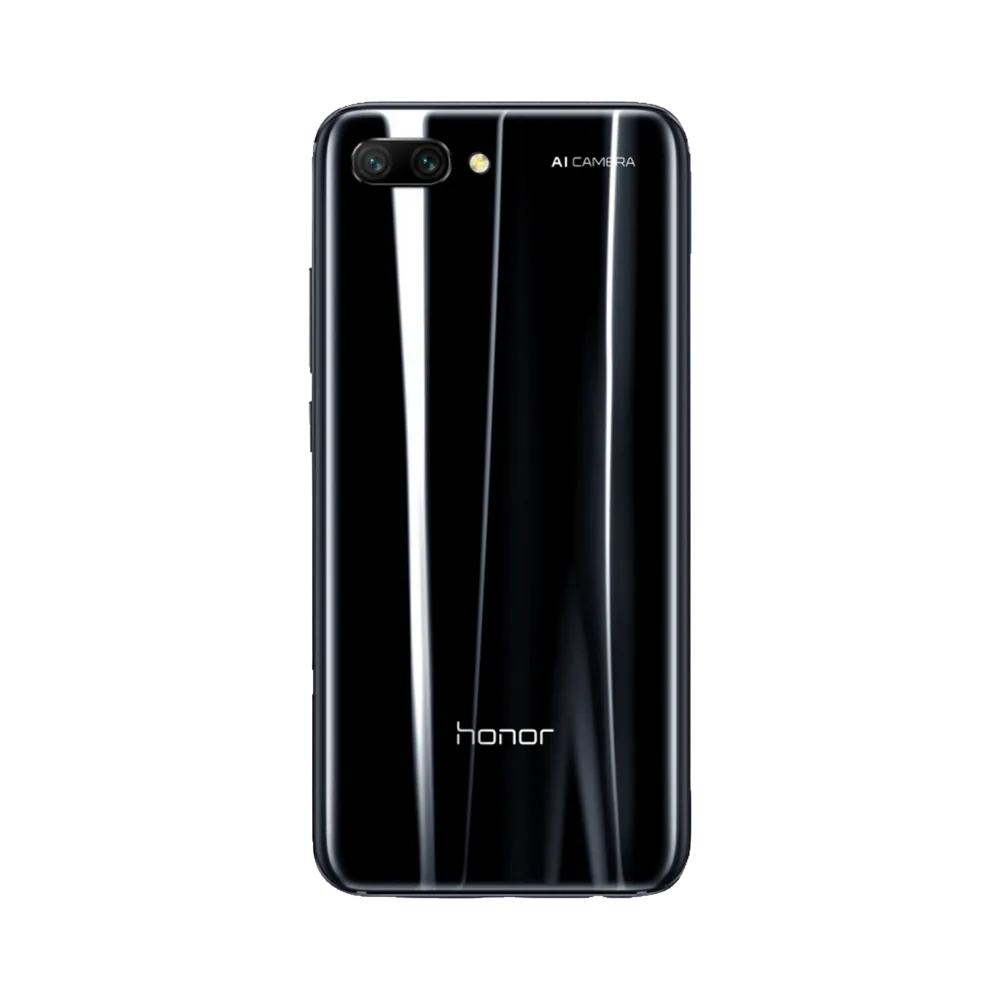 Honor 10 noir vu de dos en position verticale, finition brillante effet miroir et double caméra arrière horizontale alignée en haut à gauche, image optimisée pour réparations vitre arrière et caméra chez iTelier Lyon.