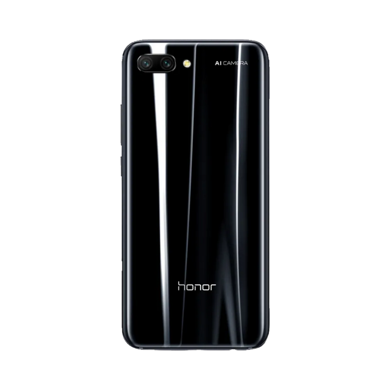 Honor 10 noir vu de dos en position verticale, finition brillante effet miroir et double caméra arrière horizontale alignée en haut à gauche, image optimisée pour réparations vitre arrière et caméra chez iTelier Lyon.