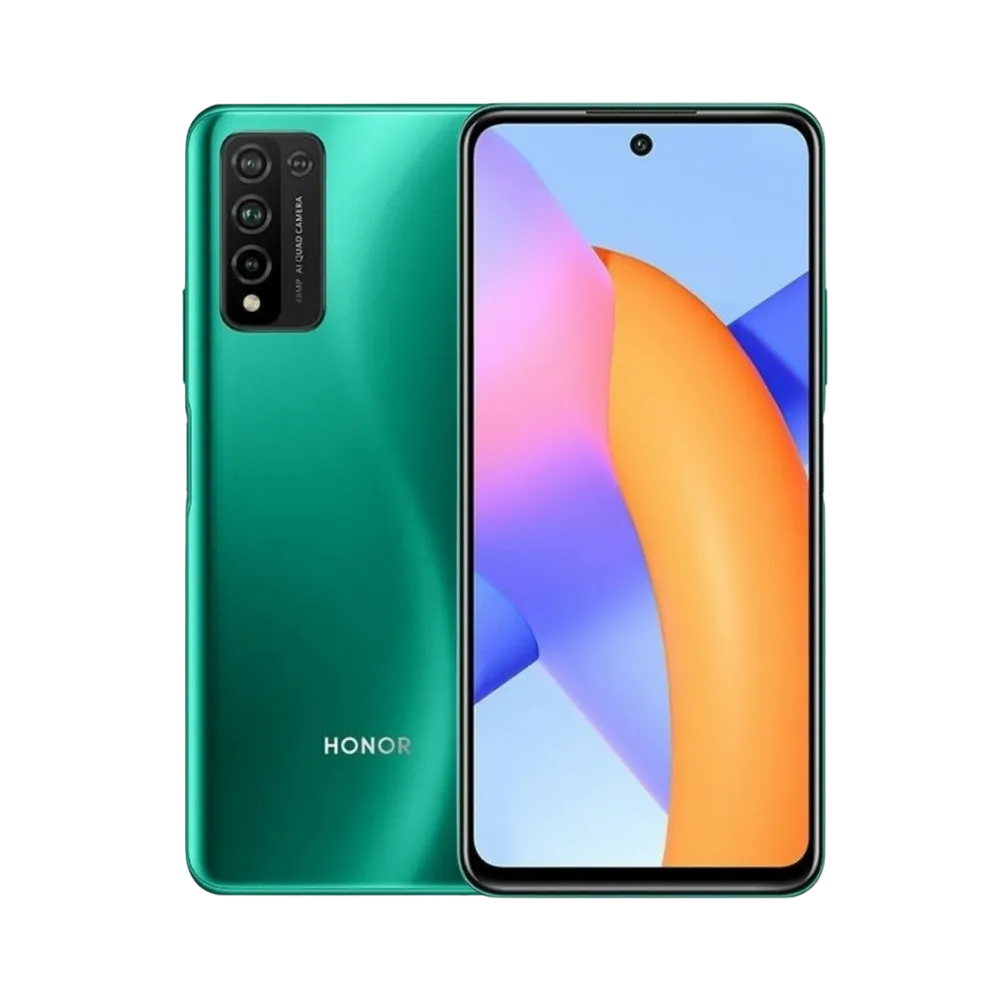 Honor 10X Lite vert affiché de face et de dos côte à côte, écran allumé avec fond coloré orange et violet, module photo rectangulaire arrière visible, parfait pour réparations écran et vitre arrière chez iTelier Lyon.