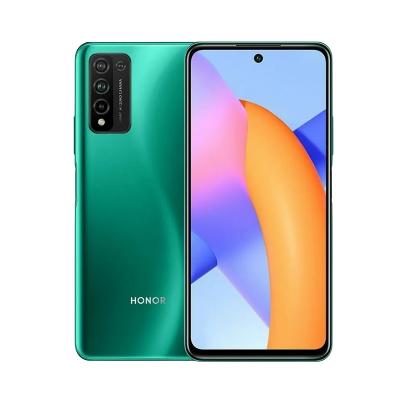 Honor 10X Lite vert affiché de face et de dos côte à côte, écran allumé avec fond coloré orange et violet, module photo rectangulaire arrière visible, parfait pour réparations écran et vitre arrière chez iTelier Lyon.