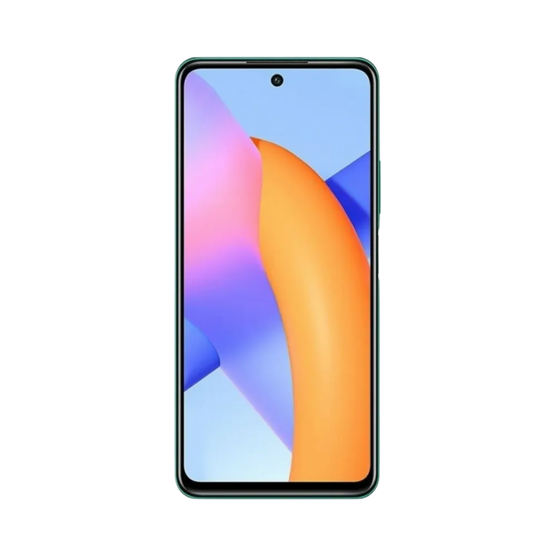 Honor 10X Lite vert en position verticale, écran lumineux avec fond coloré orange et violet et poinçon central pour caméra frontale, idéal pour illustrer réparation écran original et diagnostic gratuit chez iTelier Lyon.