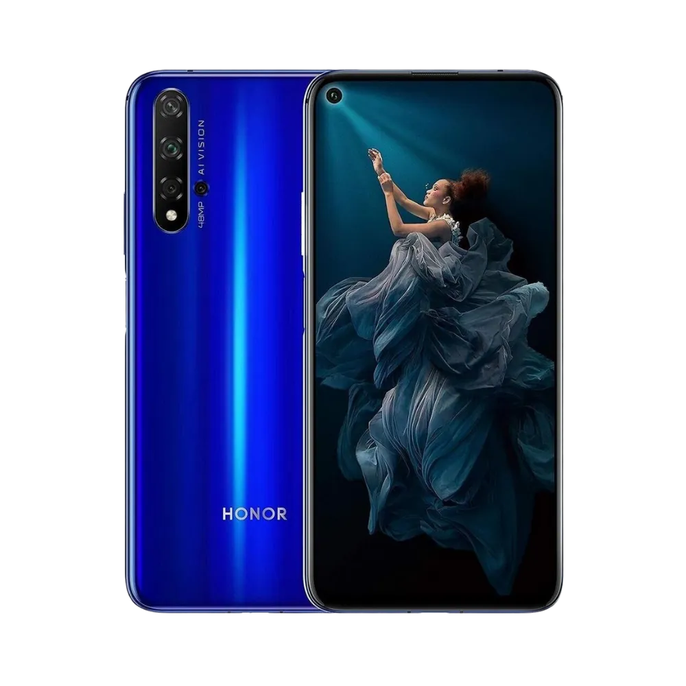 Honor 20 bleu affiché de face et de dos côte à côte, écran allumé avec fond représentant une femme en robe bleue, quadruple caméra arrière verticale bien visible, parfait pour réparations écran et vitre arrière chez iTelier Lyon.