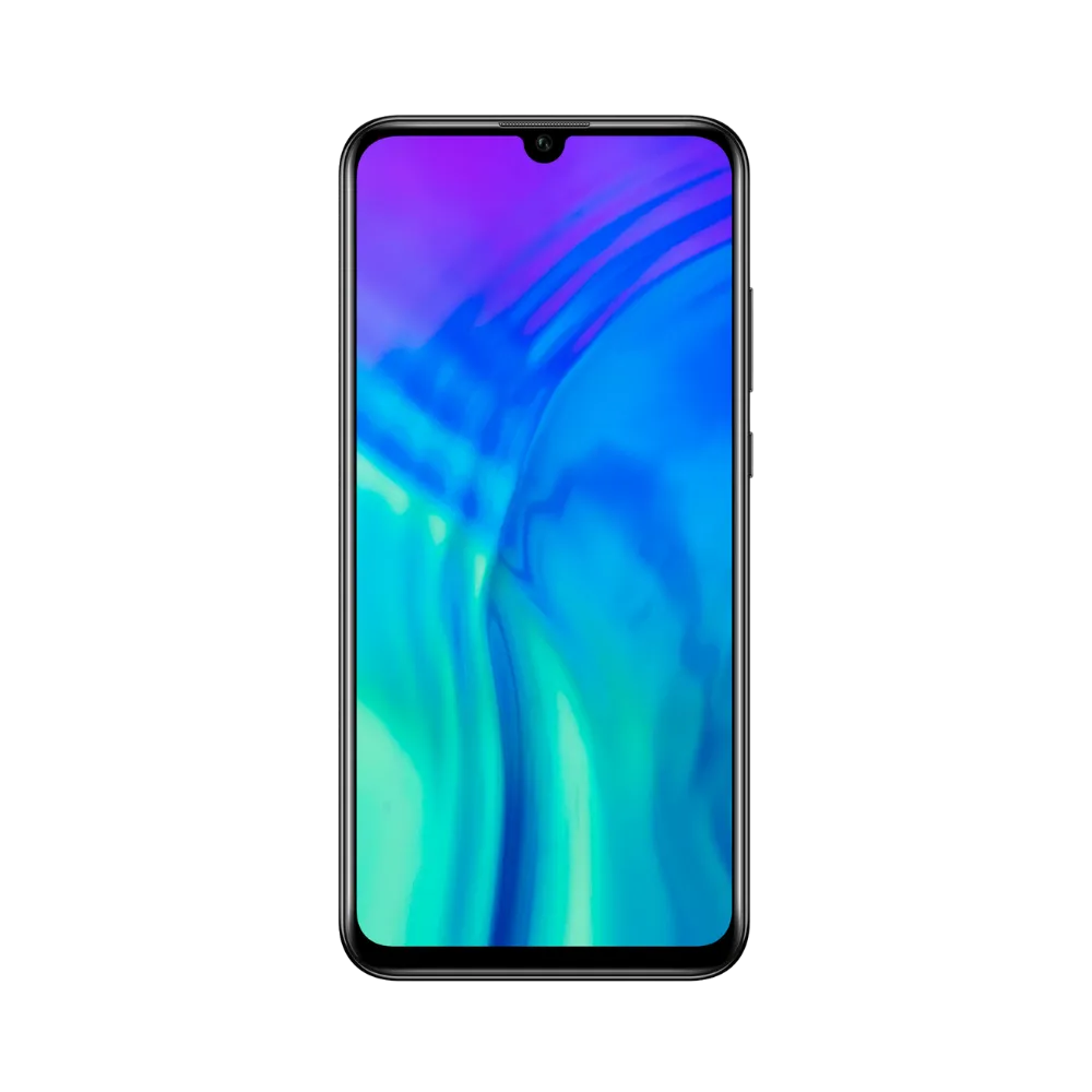 Honor 20 Lite noir en position verticale, écran lumineux avec fond coloré bleu et violet, idéal pour illustrer réparation écran original et diagnostic gratuit chez iTelier Lyon.