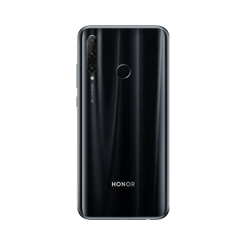 Honor 20 Lite noir vu de dos en position verticale, triple caméra arrière alignée verticalement avec capteur d’empreinte circulaire centré, image optimisée pour réparations vitre arrière et remplacement caméra chez iTelier Lyon.