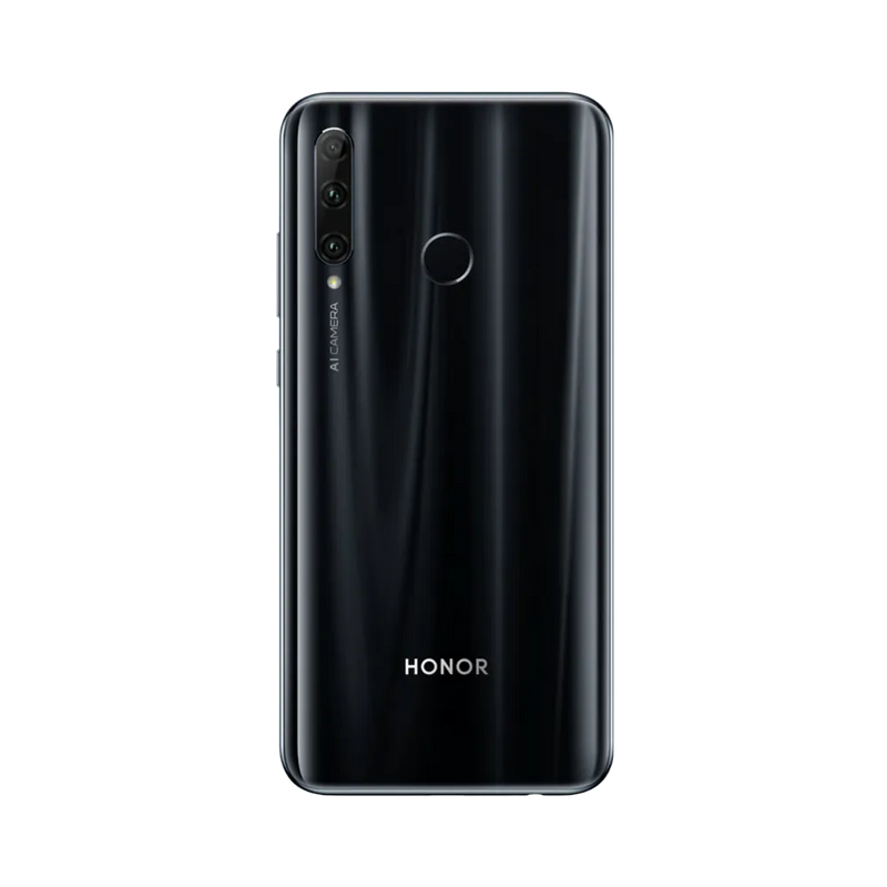 Honor 20 Lite noir vu de dos en position verticale, triple caméra arrière alignée verticalement avec capteur d’empreinte circulaire centré, image optimisée pour réparations vitre arrière et remplacement caméra chez iTelier Lyon.