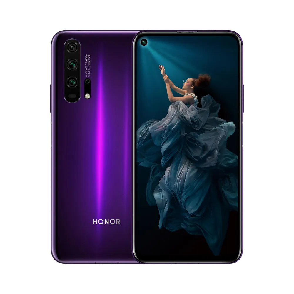 Honor 20 Pro violet affiché de face et de dos côte à côte, écran allumé avec fond représentant une femme en robe flottante, quadruple caméra arrière verticale visible, parfait pour réparations écran et vitre arrière chez iTelier Lyon.