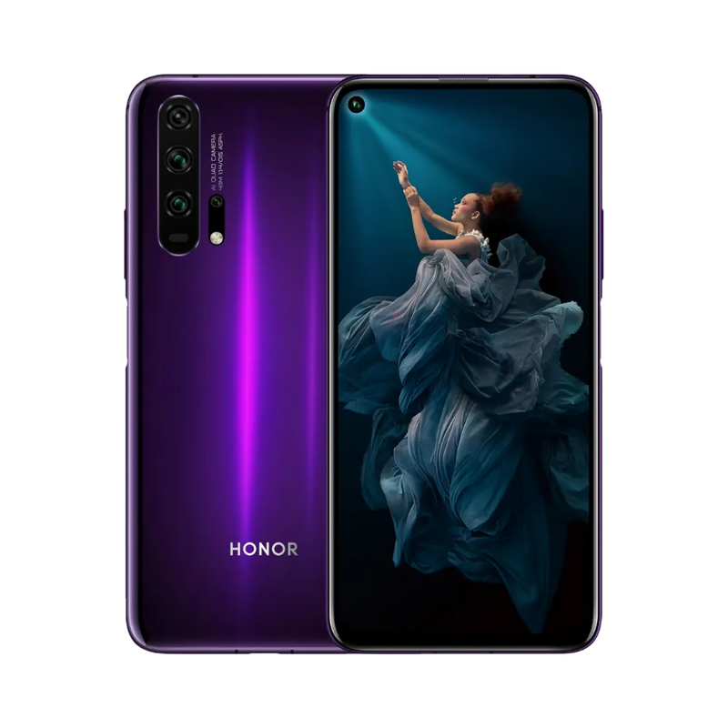 Honor 20 Pro violet affiché de face et de dos côte à côte, écran allumé avec fond représentant une femme en robe flottante, quadruple caméra arrière verticale visible, parfait pour réparations écran et vitre arrière chez iTelier Lyon.