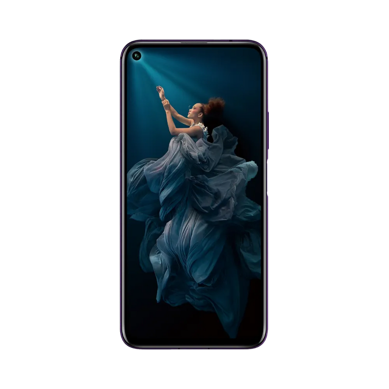 Honor 20 Pro violet en position verticale, écran lumineux affichant une femme en robe bleue sur fond noir, idéal pour illustrer réparation écran original et diagnostic gratuit chez iTelier Lyon.