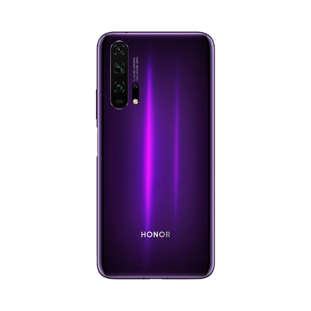 Honor 20 Pro violet vu de dos en position verticale, quadruple caméra arrière alignée verticalement sur la gauche, image optimisée pour réparations vitre arrière et remplacement caméra chez iTelier Lyon.