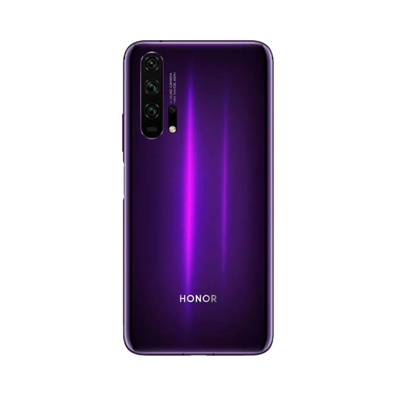 Honor 20 Pro violet vu de dos en position verticale, quadruple caméra arrière alignée verticalement sur la gauche, image optimisée pour réparations vitre arrière et remplacement caméra chez iTelier Lyon.