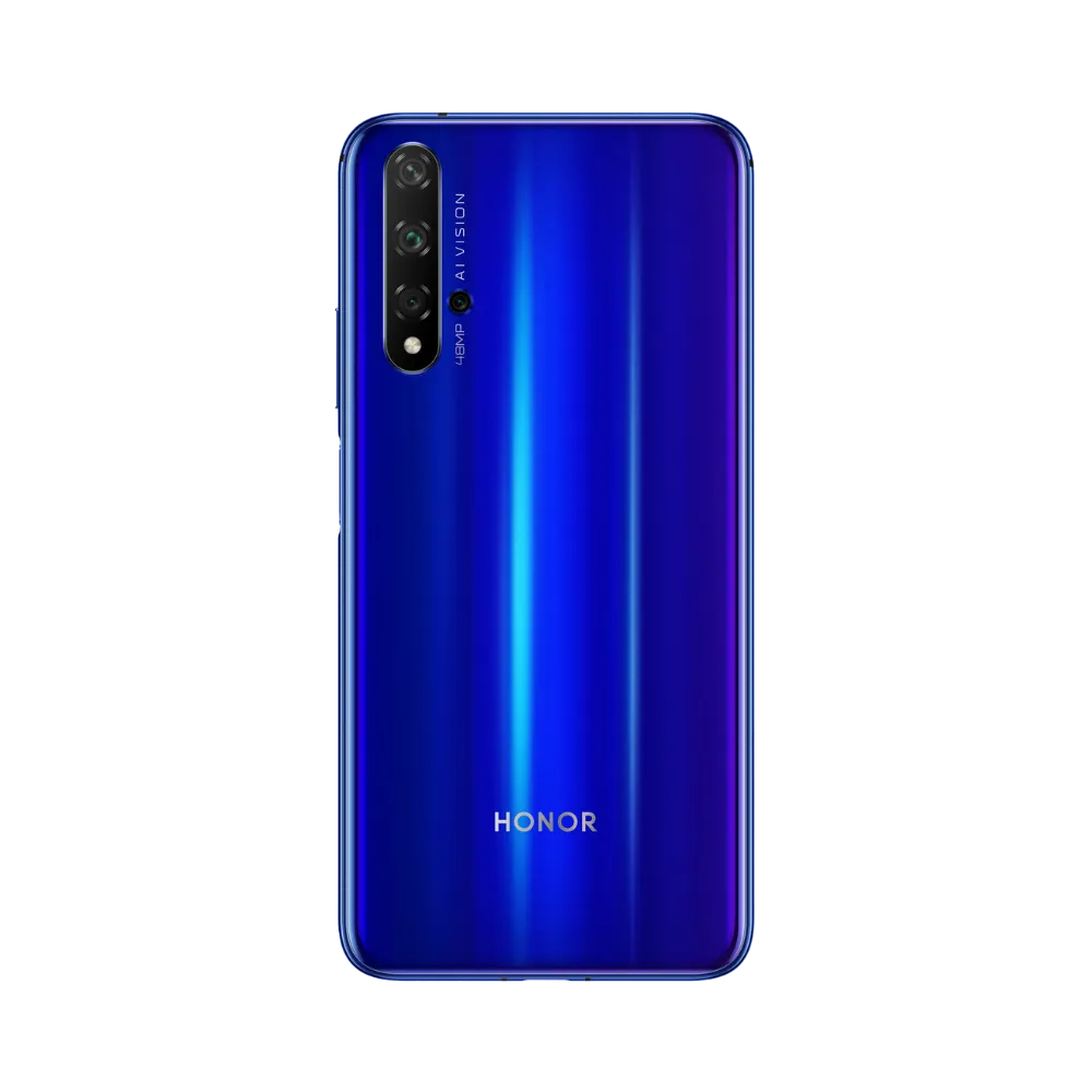 Honor 20 bleu vu de dos en position verticale, quadruple caméra arrière alignée verticalement sur la gauche, image optimisée pour réparations vitre arrière et remplacement caméra chez iTelier Lyon.