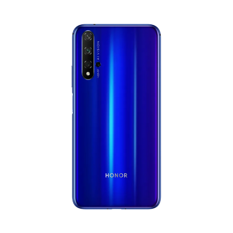 Honor 20 bleu vu de dos en position verticale, quadruple caméra arrière alignée verticalement sur la gauche, image optimisée pour réparations vitre arrière et remplacement caméra chez iTelier Lyon.