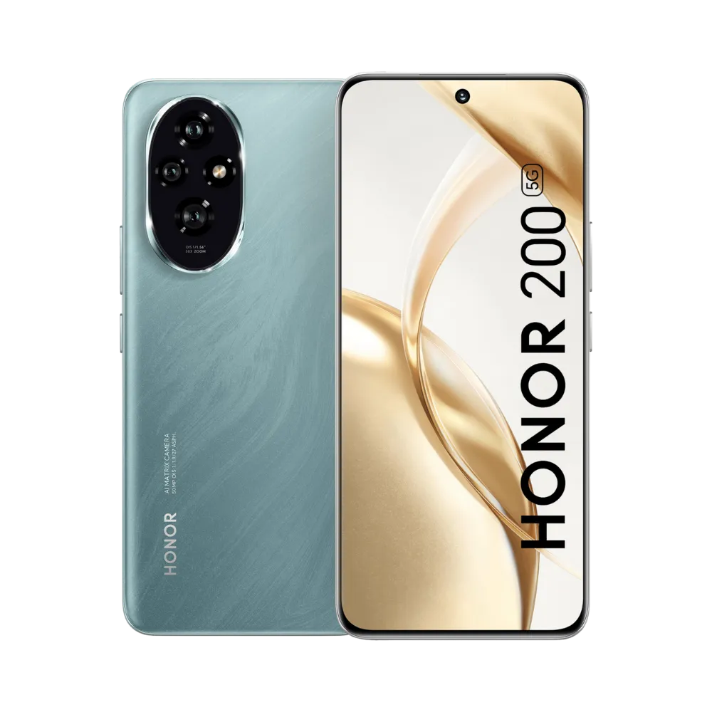 Honor 200 5G vert affiché de face et de dos côte à côte, écran allumé avec fond doré et texte HONOR 200, module photo ovale arrière bien visible, parfait pour réparations écran et vitre arrière chez iTelier Lyon.