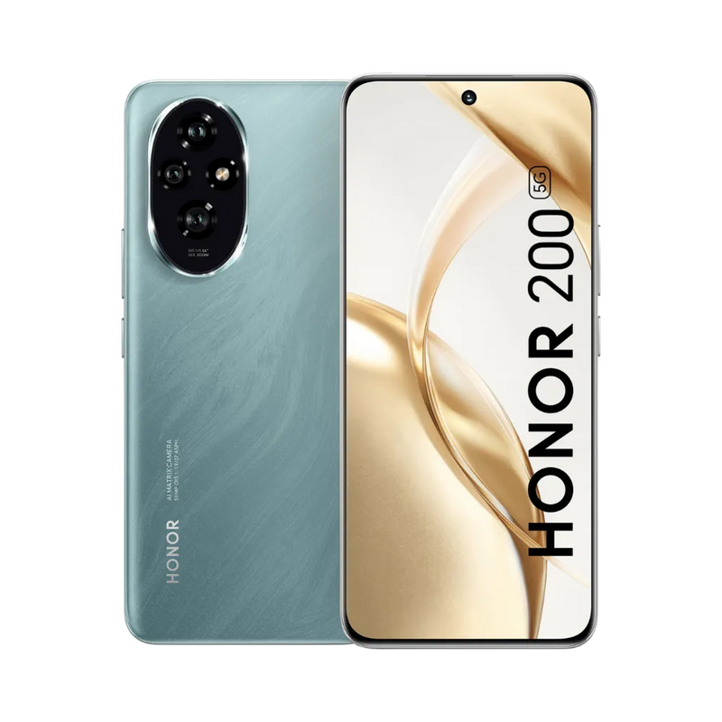 Honor 200 5G vert affiché de face et de dos côte à côte, écran allumé avec fond doré et texte HONOR 200, module photo ovale arrière bien visible, parfait pour réparations écran et vitre arrière chez iTelier Lyon.