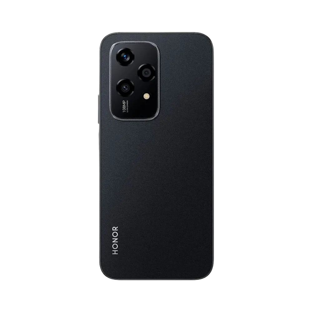 Honor 200 Lite noir vu de dos en position verticale, module photo rectangulaire en haut à gauche avec triple capteur, image optimisée pour réparations vitre arrière et remplacement caméra chez iTelier Lyon.