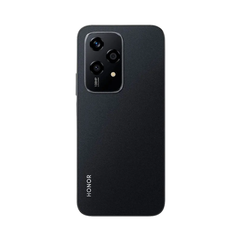 Honor 200 Lite noir vu de dos en position verticale, module photo rectangulaire en haut à gauche avec triple capteur, image optimisée pour réparations vitre arrière et remplacement caméra chez iTelier Lyon.