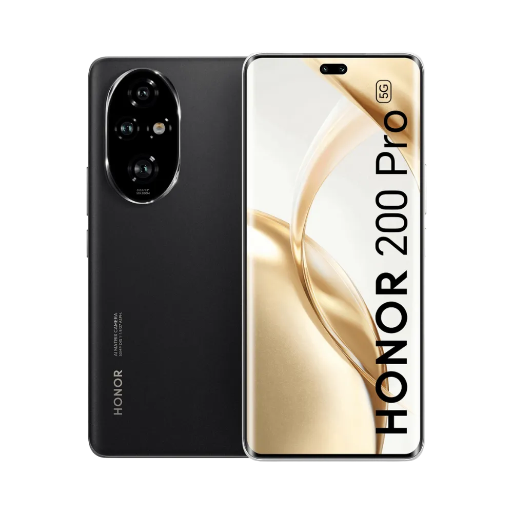 Honor 200 Pro noir affiché de face et de dos côte à côte, écran allumé avec fond doré et texte HONOR 200 Pro, module photo ovale arrière visible, parfait pour réparations écran et vitre arrière chez iTelier Lyon.